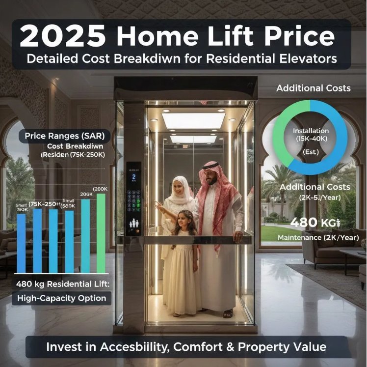 Cost breakdown infographic for a residential home lift: price ranges in SAR, an installation cost estimate and annual maintenance, alongside a 480 kg high-capacity cabin