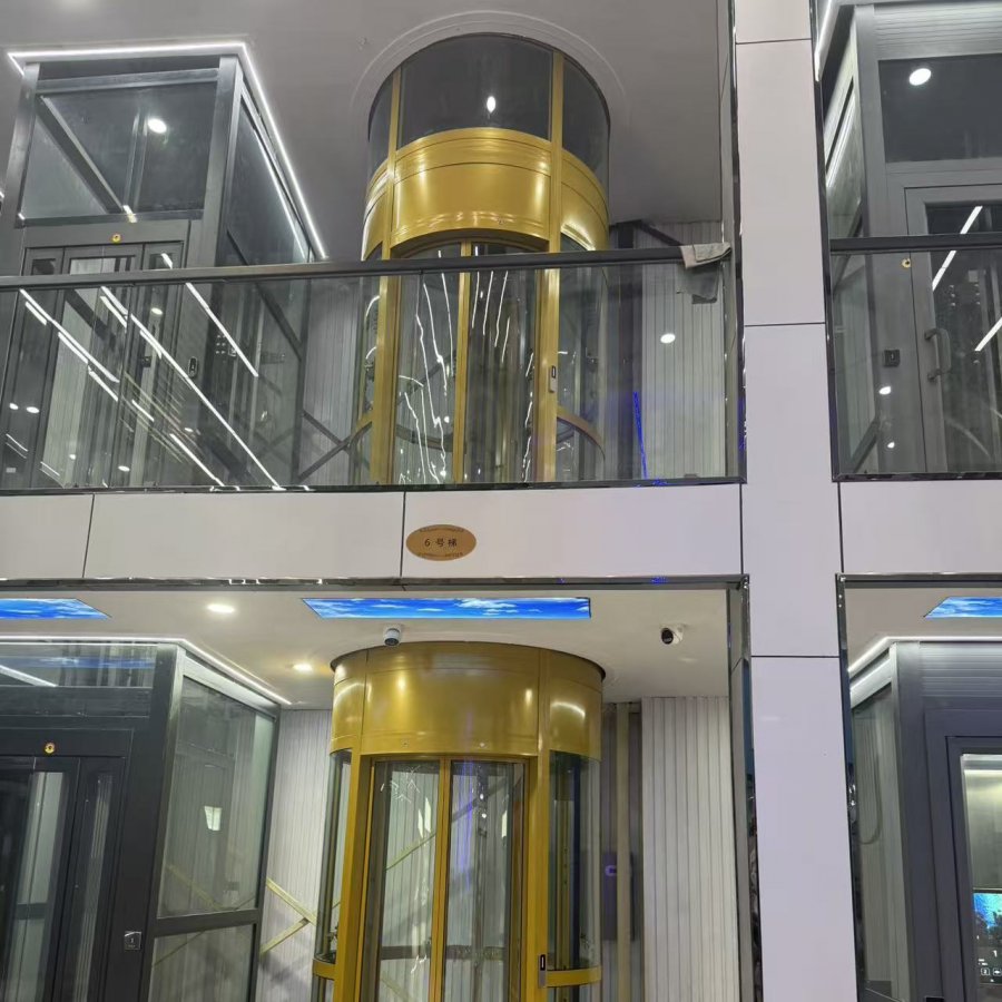 Cylindrical Panoramic Elevator | Gold Frame, Custom Cabin